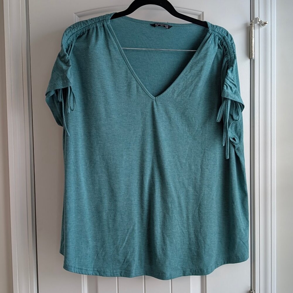 BloomChic Size 12 Teal V-Neck Top with Ruched Drawstring Sleeves